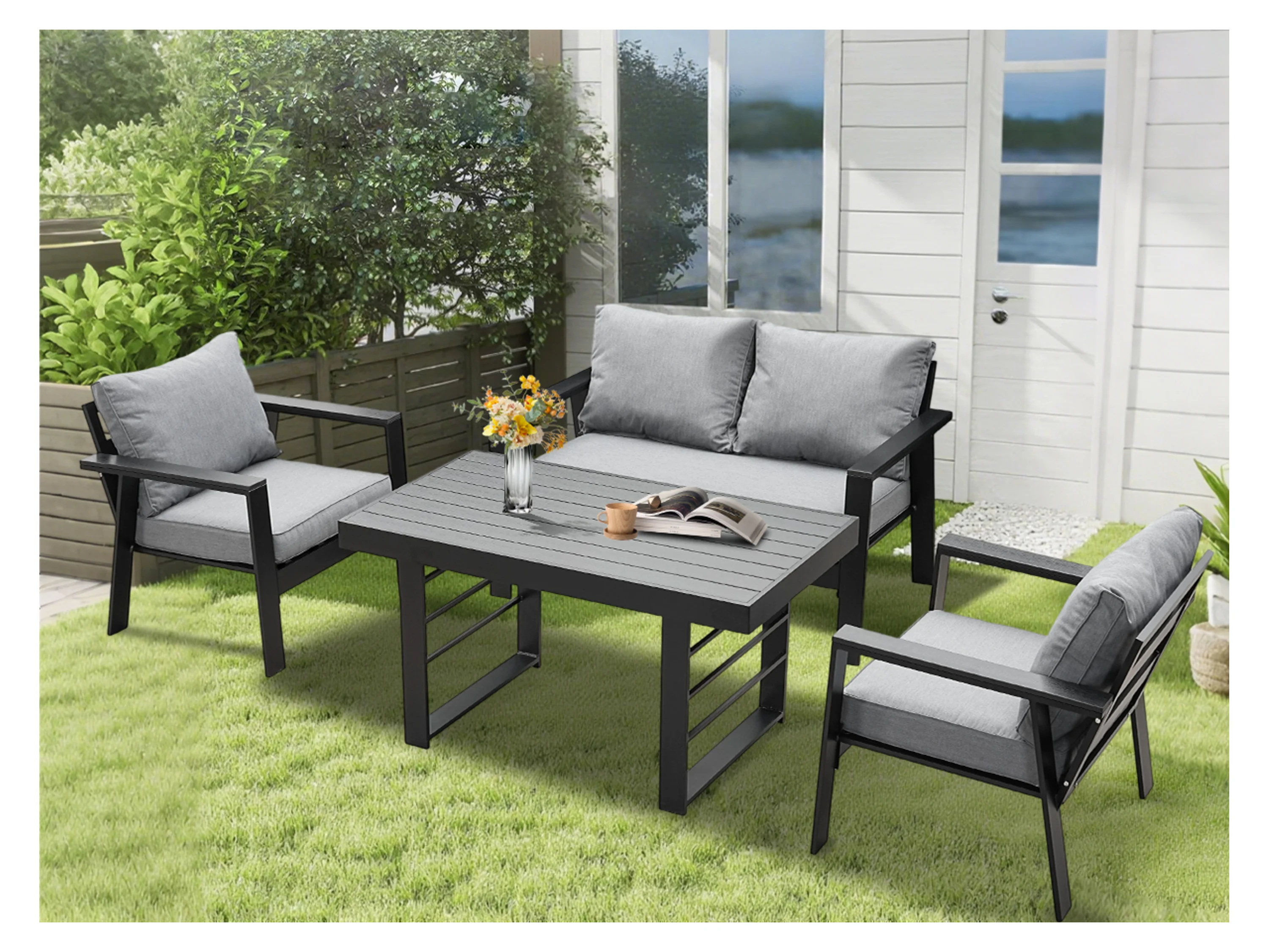 MEXO Gartenmöbel Lounge-Set »Neapel«, inkl. Polster (4-Sitzer / Esstisch, Schwarz / Dunkelgrau) – Bild 2 von 4