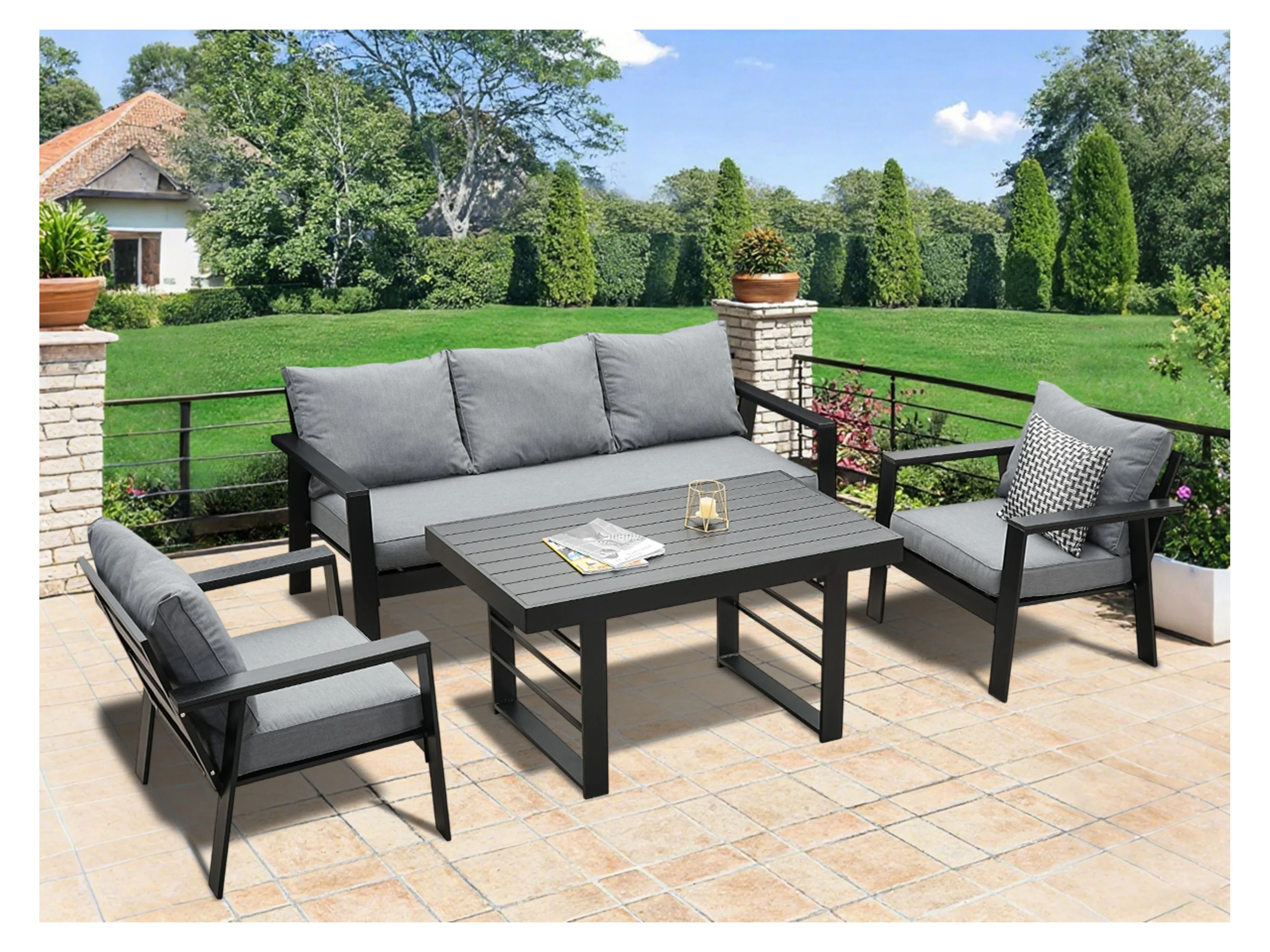 MEXO Gartenmöbel Lounge-Set »Neapel«, inkl. Polster (5-Sitzer / Esstisch, Schwarz / Dunkelgrau) – Bild 2 von 4