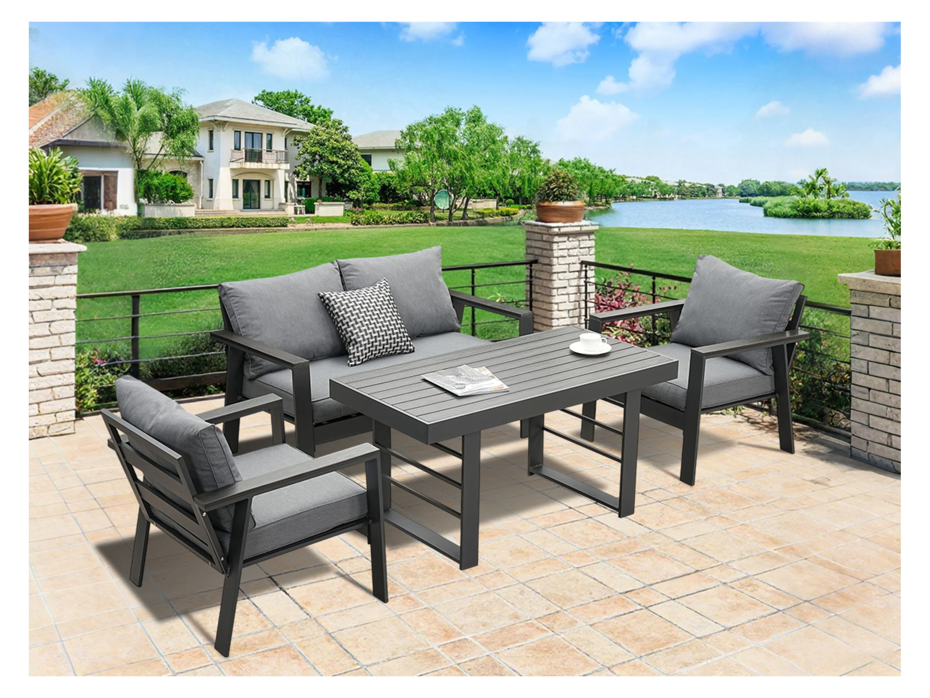 MEXO Gartenmöbel Lounge-Set »Neapel«, inkl. Polster (4-Sitzer / Esstisch, Grau / Dunkelgrau) – Bild 2 von 4