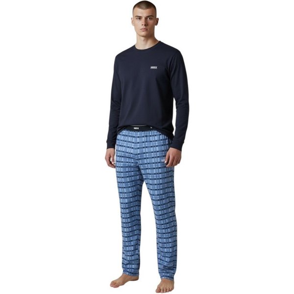 Mexx Schlafanzug Herren Pyjama Schlafanzug SET Langarm Rundhals Nachtwäsche Navy/Blau (Packung) mit Markenlabel