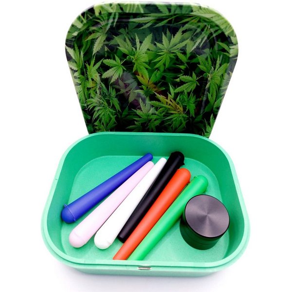 meytrade Geschenkbox Set Cannabis Rolling Tray Tablett + Grinder + 6 x Joint Hülle