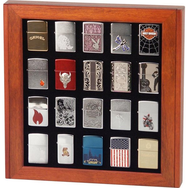 meytrade Hängevitrine Sammlervitrine für 20 (Zippo) Feuerzeuge aus Holz mit Glasdeckel aus Holz in 3 Ausführungen für Zippo Sammler