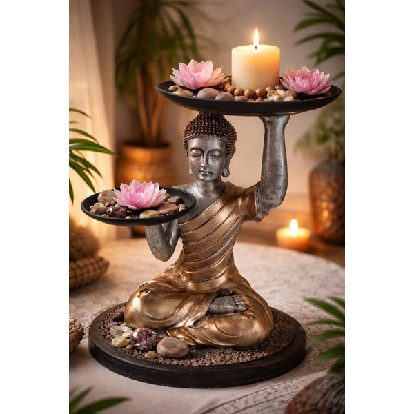 MF Buddhafigur Buddha Figur Siddhara mit Serviertabletts gold dekorative Ablagefigur (1 St)