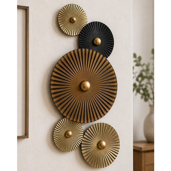 MF Dekoobjekt Mex Wandbild Metall Wanddeko Kreise Wandschmuck Braun Gold 27 x 64 cm