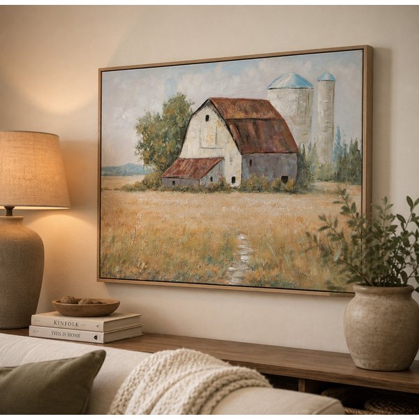 MF Leinwandbild Leinwandbild Landhausblick mit Rahmen 80 x 60 cm Handgemalt, (1 St)