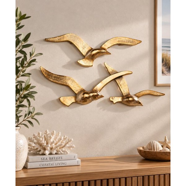 MF Wanddekoobjekt Goldene Möwen Wanddeko Set, Maritimer Metall-Wandschmuck, 2-teilig