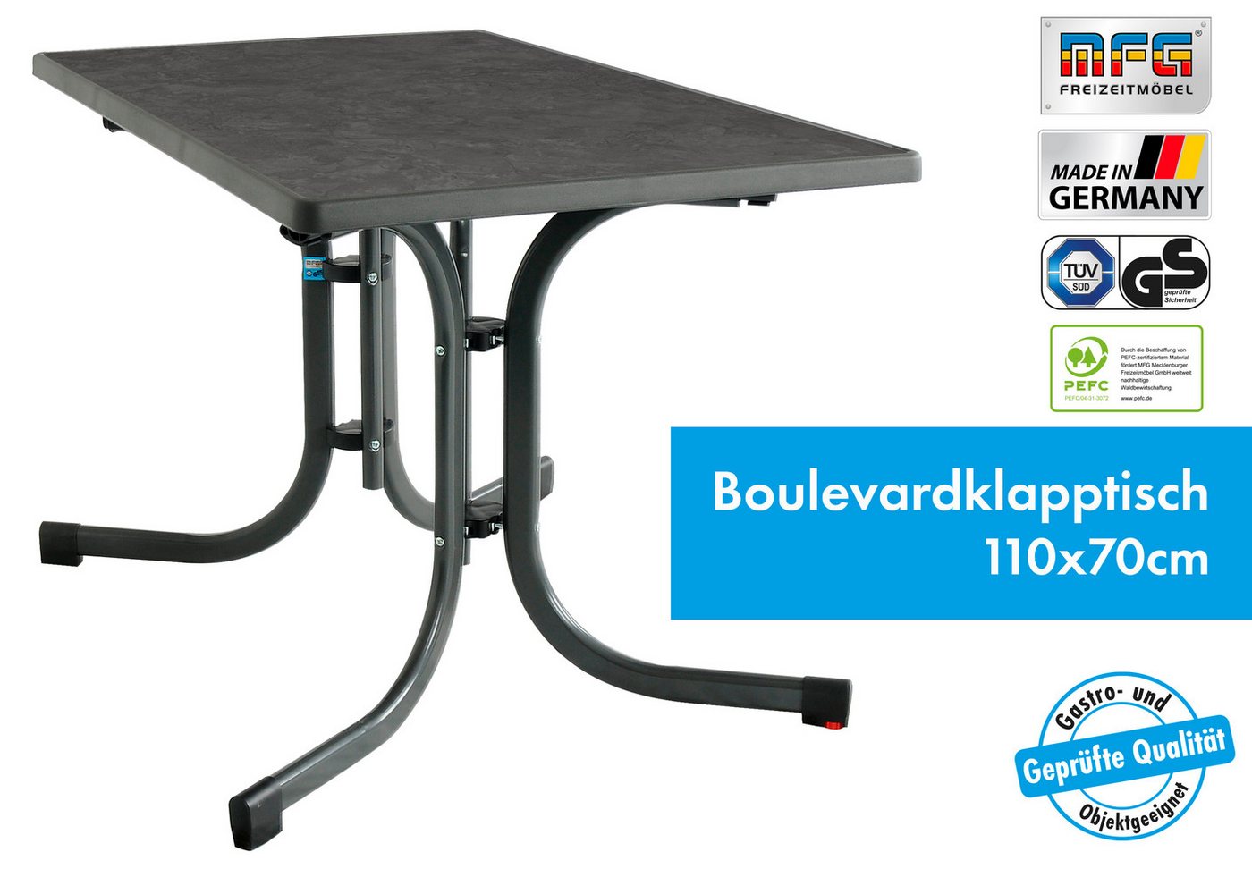 MFG Freizeitmöbel Gartentisch MFG Boulevard-Klapptisch 110x70 cm, anthrazit/schiefer, Wetterfeste Melanin-Platte mit stoßfester Kante – Bild 2 von 5