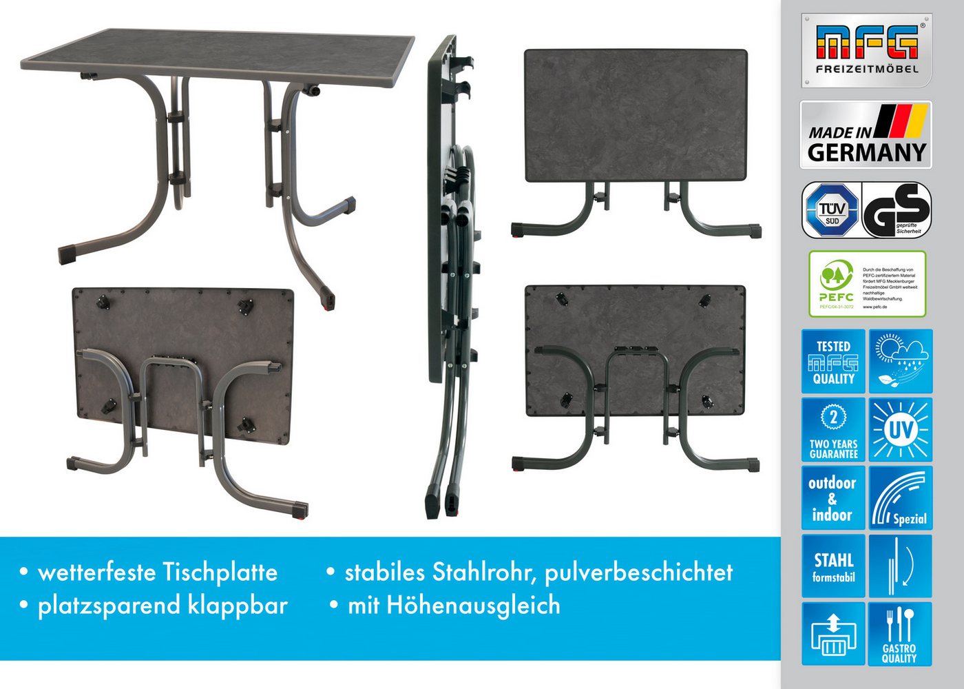 MFG Freizeitmöbel Gartentisch MFG Boulevard-Klapptisch 110x70 cm, anthrazit/schiefer, Wetterfeste Melanin-Platte mit stoßfester Kante – Bild 3 von 5