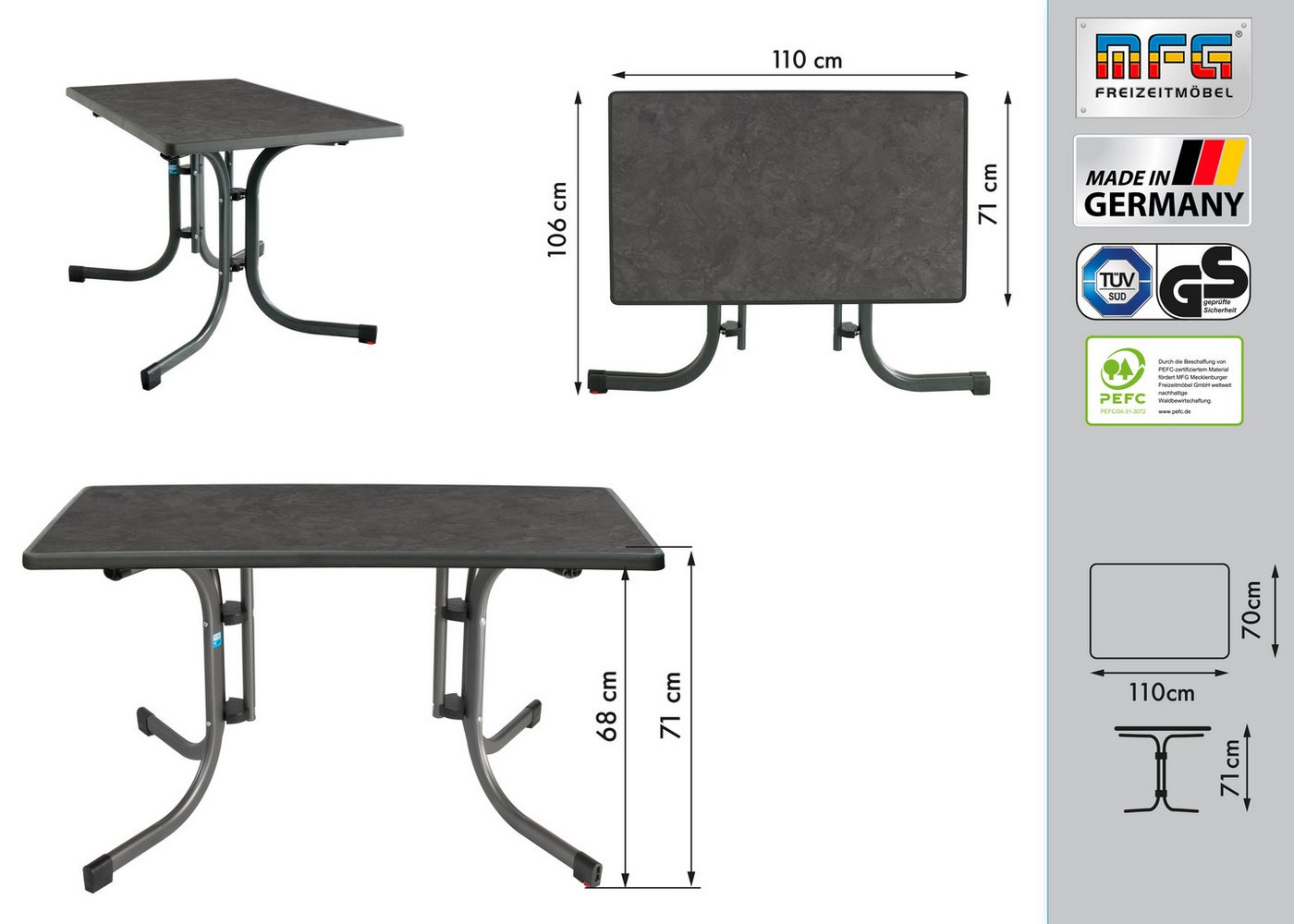 MFG Freizeitmöbel Gartentisch MFG Boulevard-Klapptisch 110x70 cm, anthrazit/schiefer, Wetterfeste Melanin-Platte mit stoßfester Kante – Bild 4 von 5