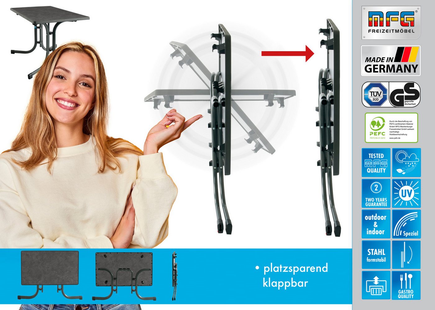 MFG Freizeitmöbel Gartentisch MFG Boulevard-Klapptisch 110x70 cm, anthrazit/schiefer, Wetterfeste Melanin-Platte mit stoßfester Kante – Bild 5 von 5