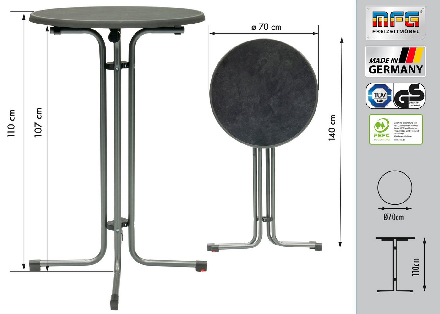 MFG Freizeitmöbel Stehtisch MFG Stehtisch d=70 cm, anthrazit/schiefer, Einfacher Klappmechanismus – Bild 4 von 5