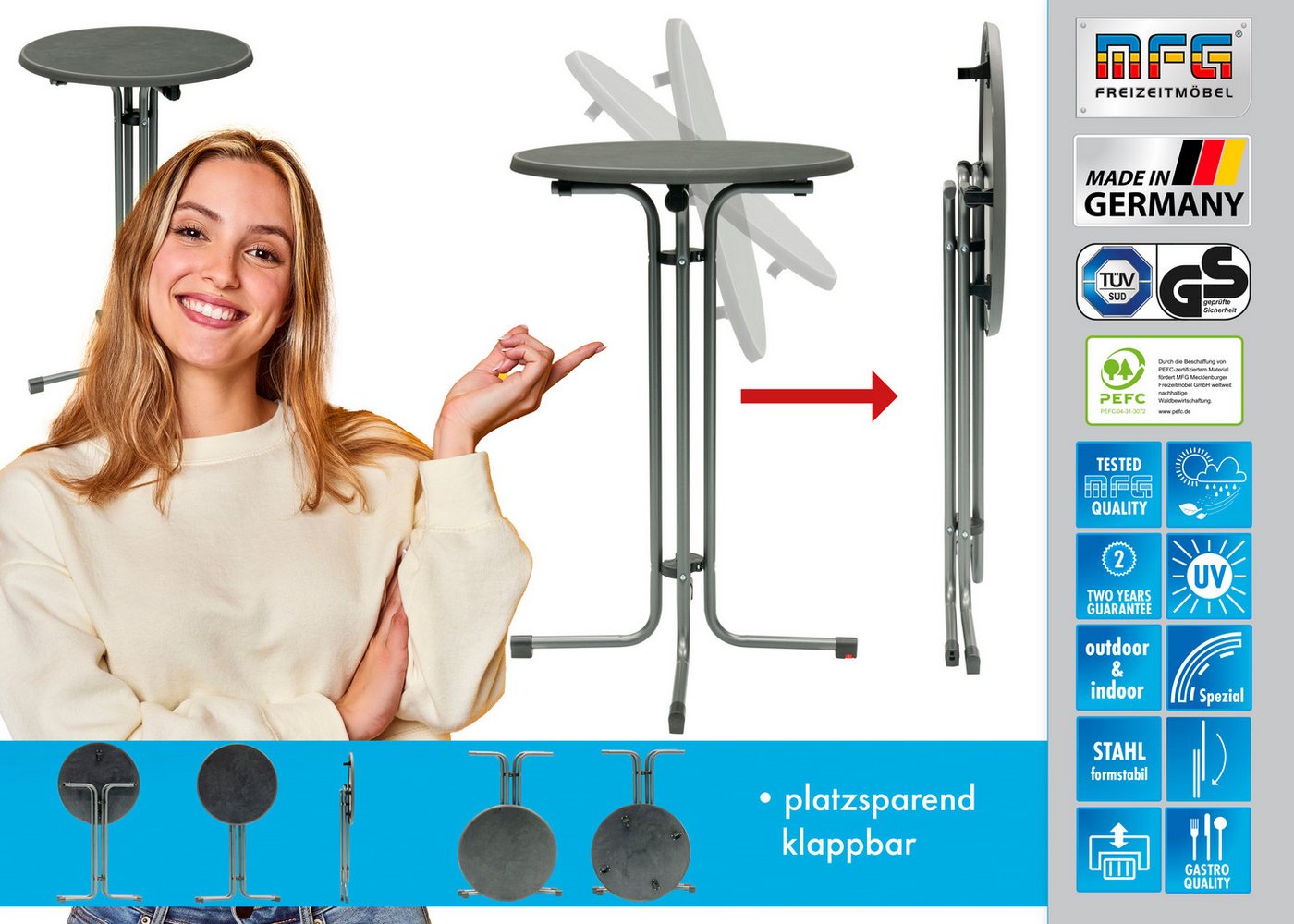 MFG Freizeitmöbel Stehtisch MFG Stehtisch d=70 cm, anthrazit/schiefer, Einfacher Klappmechanismus – Bild 5 von 5
