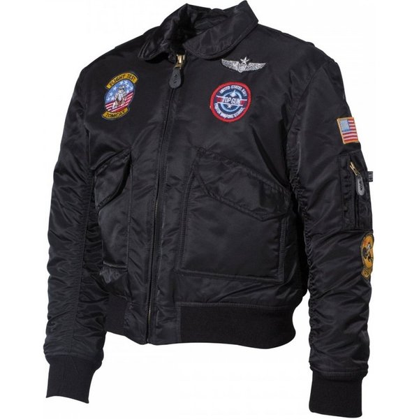 MFH Bomberjacke US Kinder-Pilotenjacke, CWU, schwarz, mit Fliegerabzeichen - S