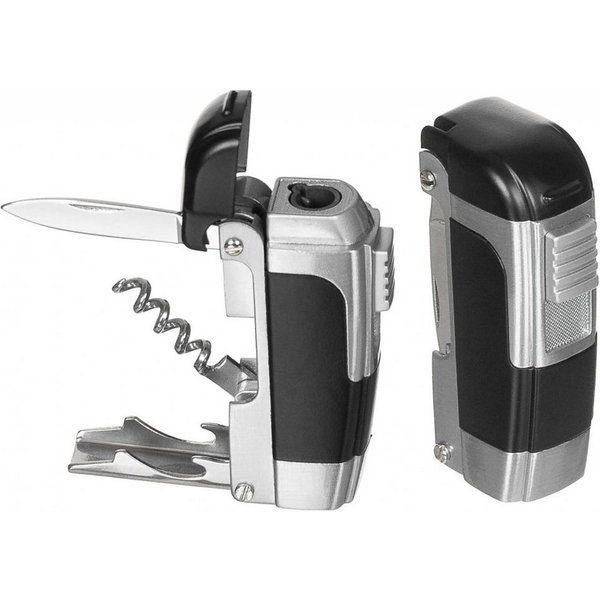 MFH Feuerzeug Funktions-Feuerzeug, Gas, Metallgehäuse, unbefüllt (Packung), mit Messer, Korkenzieher und Flaschenöffner