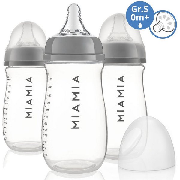 MiaMia Babyflasche PP-Flasche - Grau, 3er Pack Babyflasche 260 ml + Silikon-Trinksauger Größe S