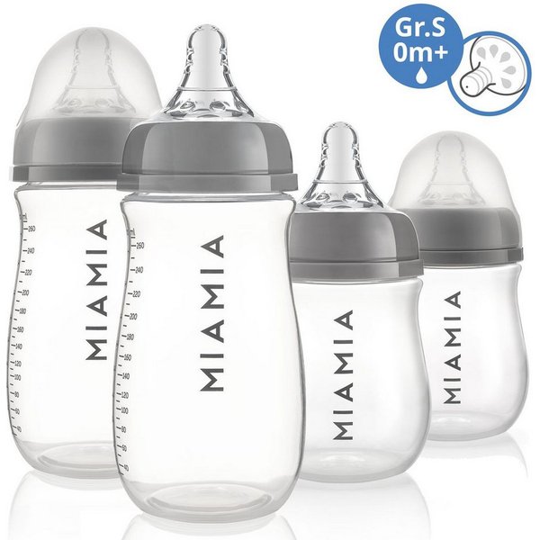 MiaMia Babyflasche PP-Flasche - Grau, 4er Pack Babyflasche 140 ml & 260ml + Silikon-Trinksauger Größe S