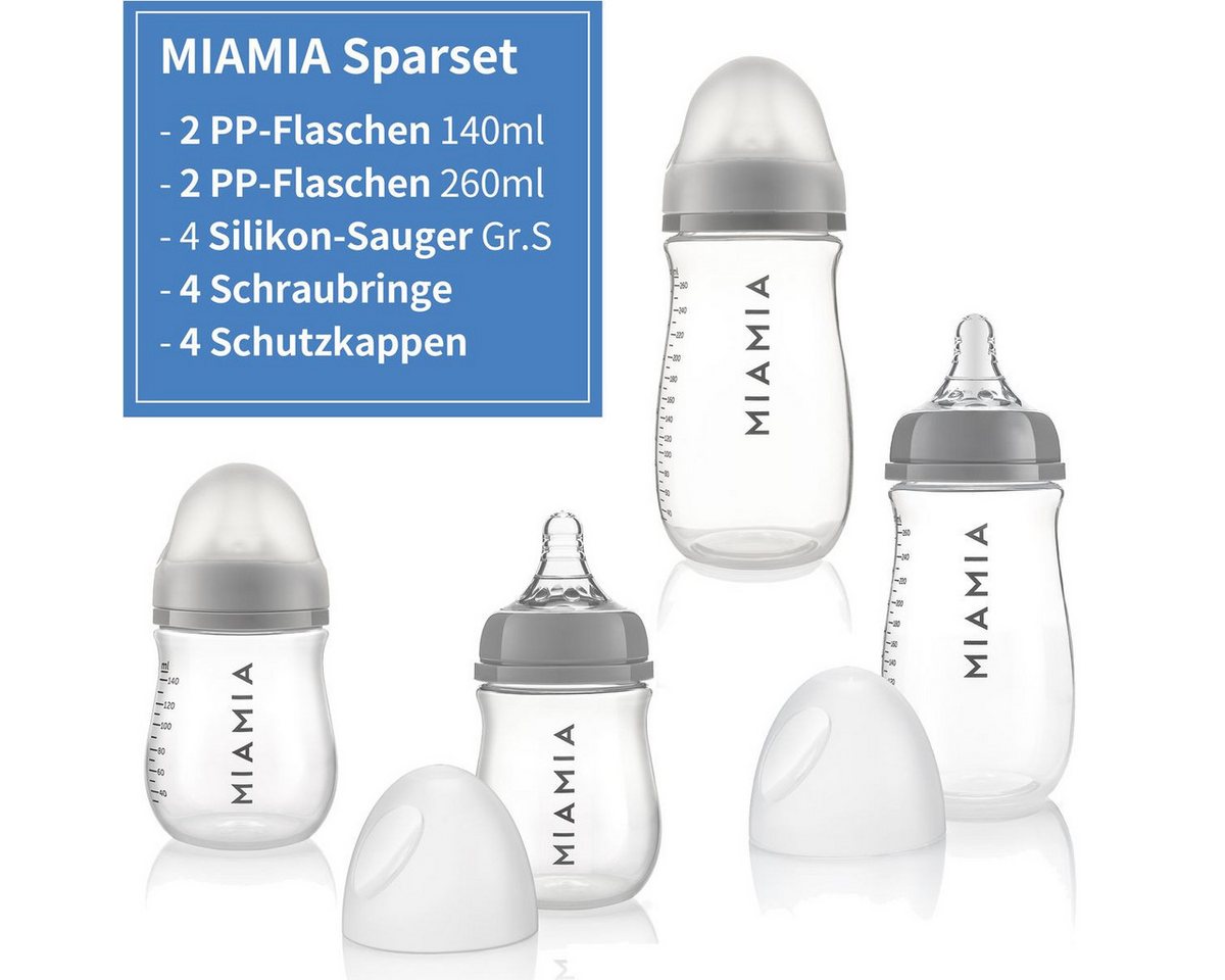 MiaMia Babyflasche PP-Flasche - Grau, 4er Pack Babyflasche 140 ml & 260ml + Silikon-Trinksauger Größe S – Bild 2 von 5