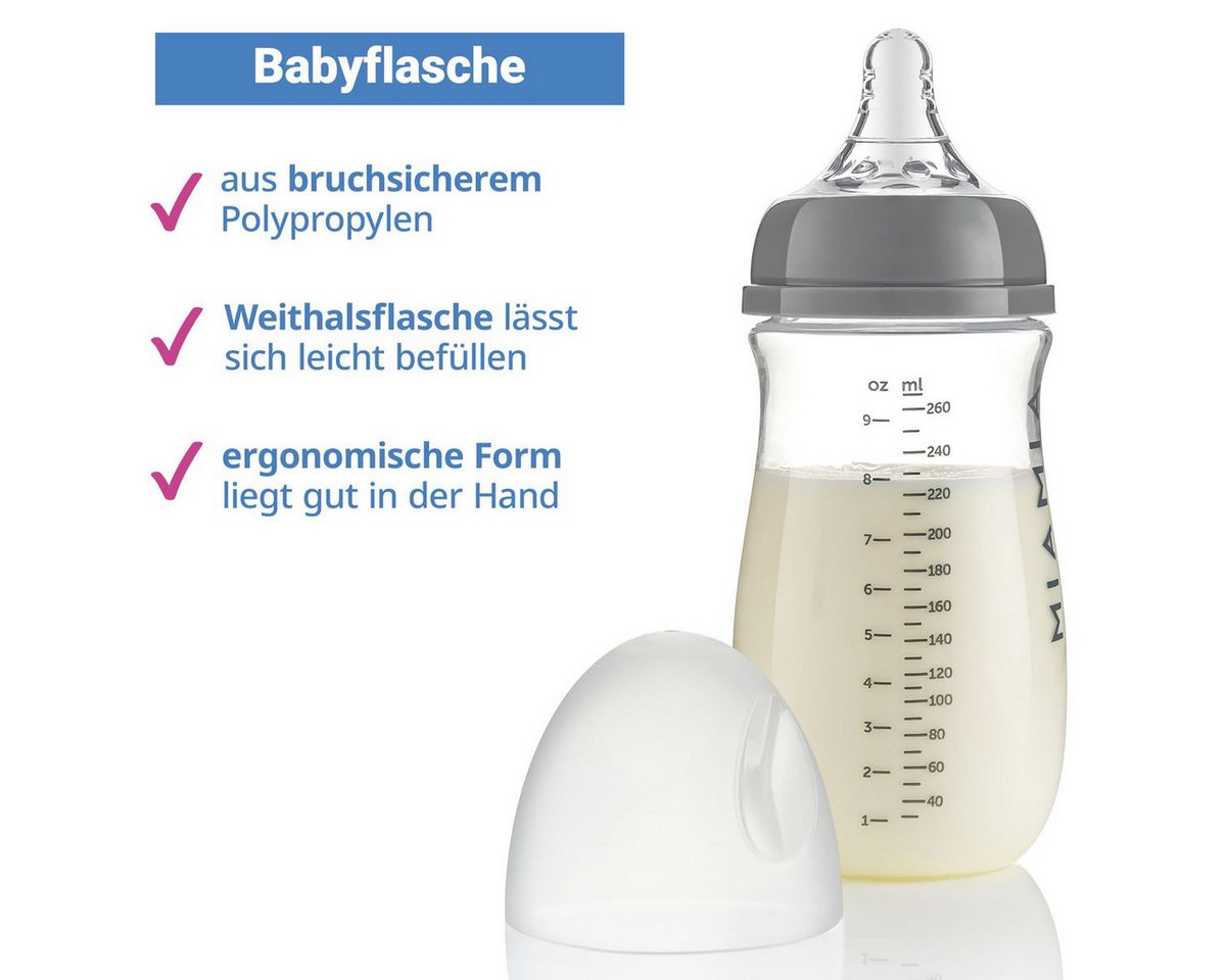 MiaMia Babyflasche PP-Flasche - Grau, 4er Pack Babyflasche 140 ml & 260ml + Silikon-Trinksauger Größe S – Bild 3 von 5