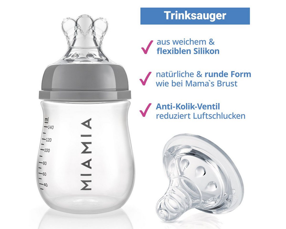 MiaMia Babyflasche PP-Flasche - Grau, 4er Pack Babyflasche 140 ml & 260ml + Silikon-Trinksauger Größe S – Bild 4 von 5