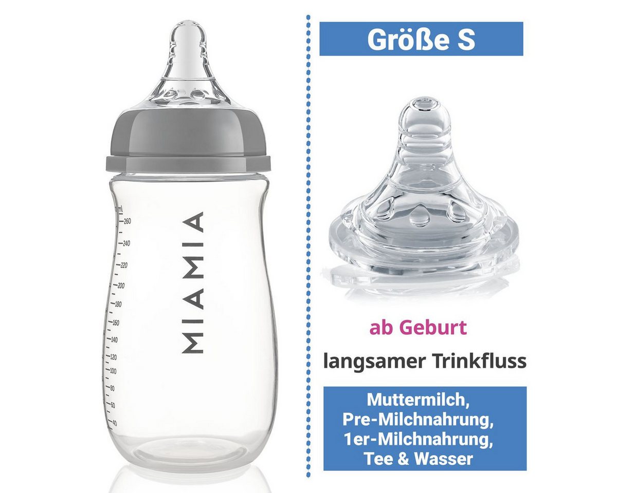 MiaMia Babyflasche PP-Flasche - Grau, 4er Pack Babyflasche 140 ml & 260ml + Silikon-Trinksauger Größe S – Bild 5 von 5