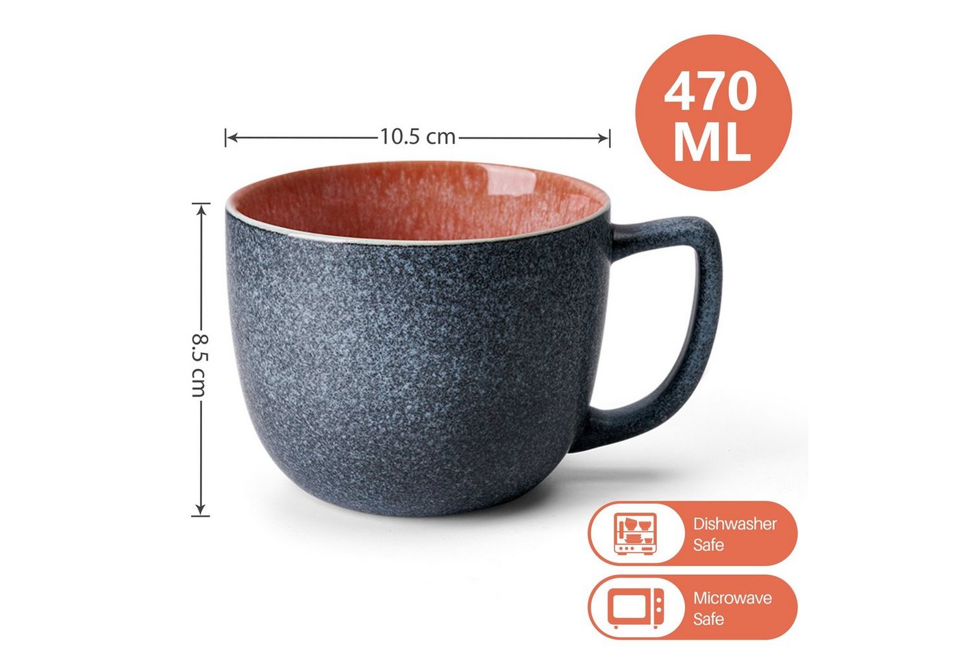 MiaMio Becher Las Palmitas groß, 470 ml, außen dunkelgrau innen bunt, 6-tlg., Keramik, 470 ml, außen dunkelgrau und innen farbig – Bild 2 von 5