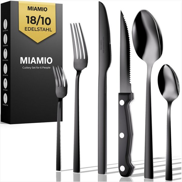 MiaMio Besteck-Set Schwarz matt, mit Steakmessern (36-tlg), 6 Personen, Edelstahl, mit Steakmessern