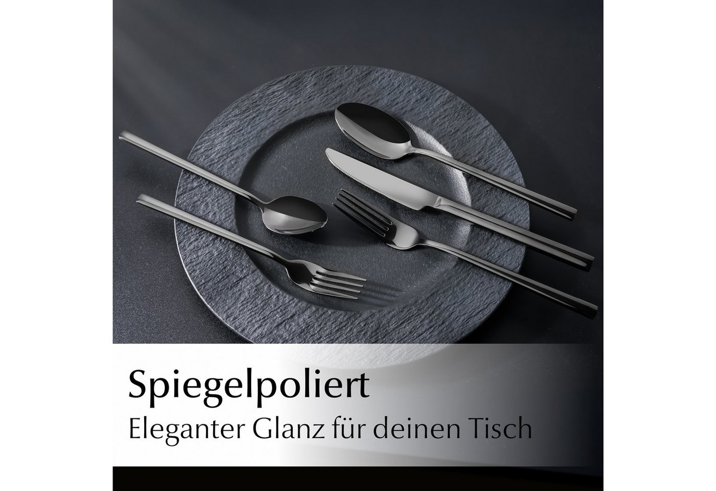 MiaMio Besteck-Set Schwarz matt, mit Steakmessern (36-tlg), 6 Personen, Edelstahl, mit Steakmessern – Bild 2 von 5