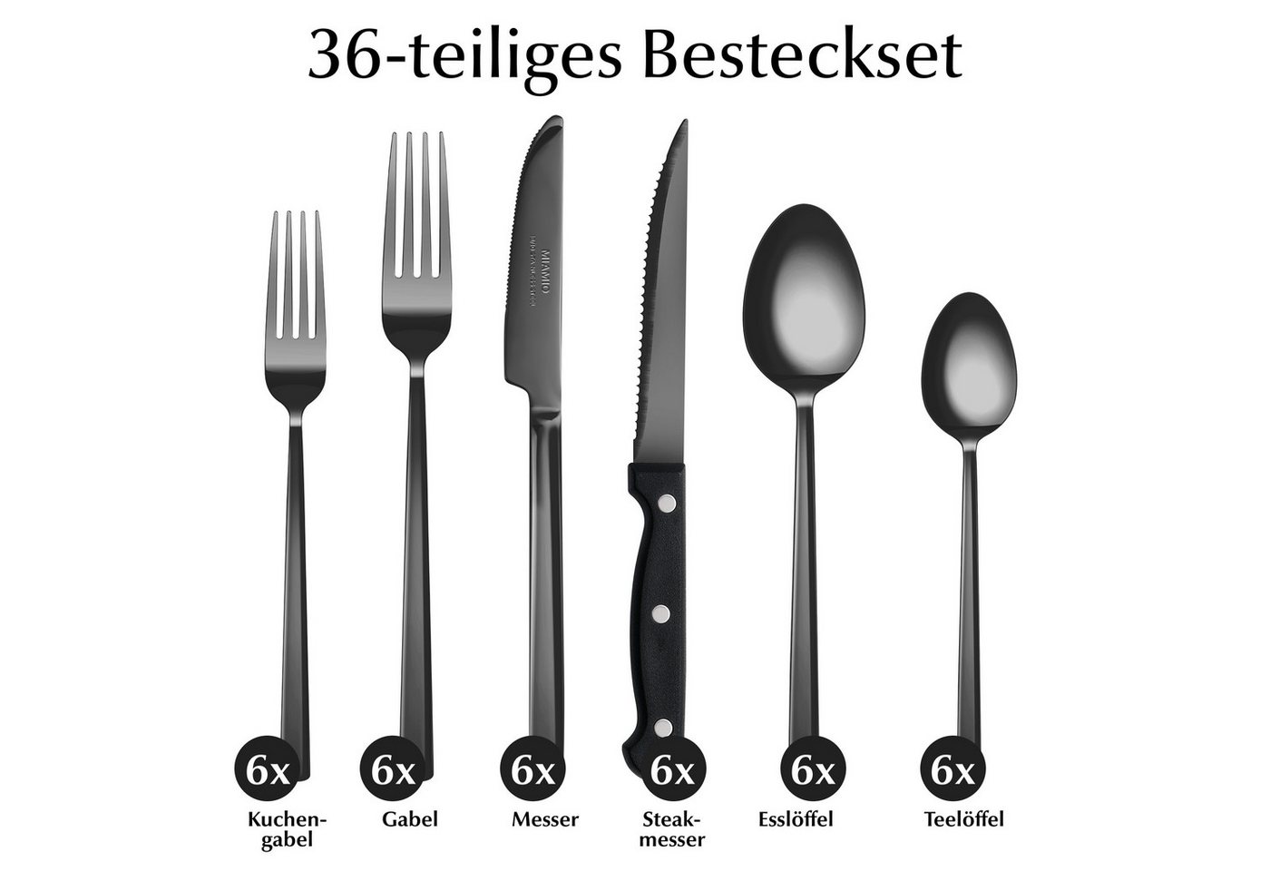 MiaMio Besteck-Set Schwarz matt, mit Steakmessern (36-tlg), 6 Personen, Edelstahl, mit Steakmessern – Bild 4 von 5