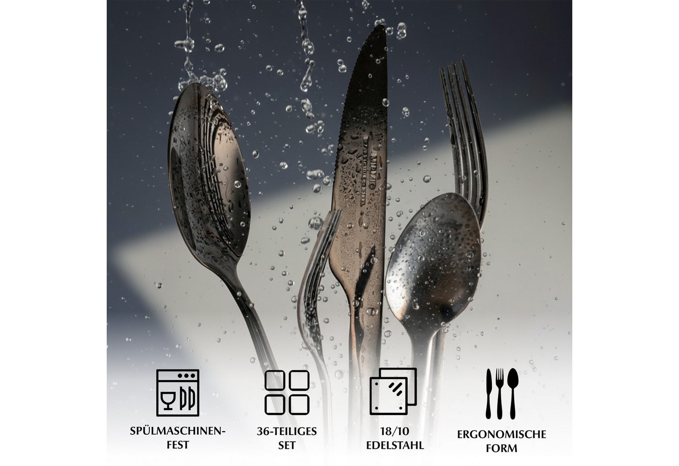 MiaMio Besteck-Set Schwarz matt, mit Steakmessern (36-tlg), 6 Personen, Edelstahl, mit Steakmessern – Bild 5 von 5