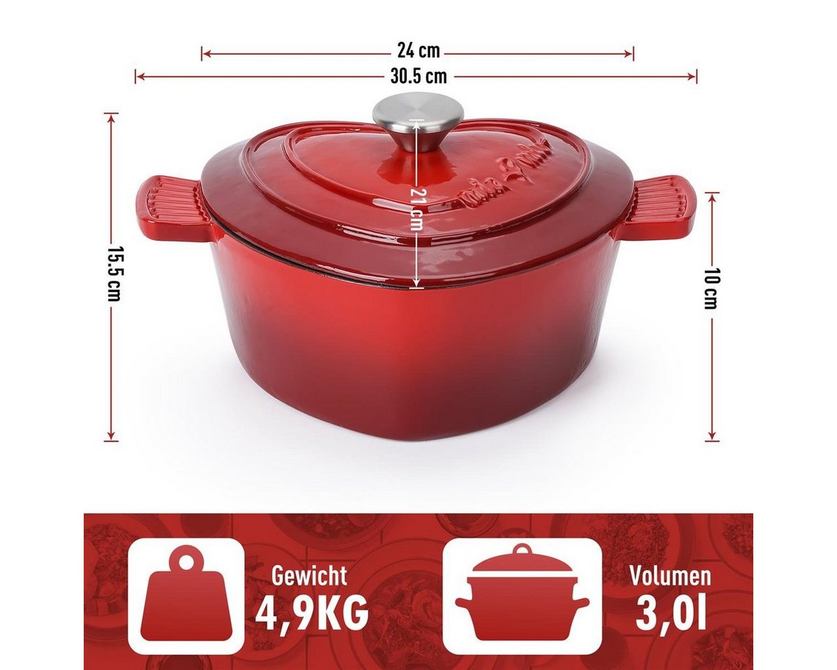 MiaMio Bratentopf Herzform, 3 l, 24 cm, Rot, Gusseisen, Herzform, 3 l, 24 cm, induktionsgeeignet – Bild 4 von 5