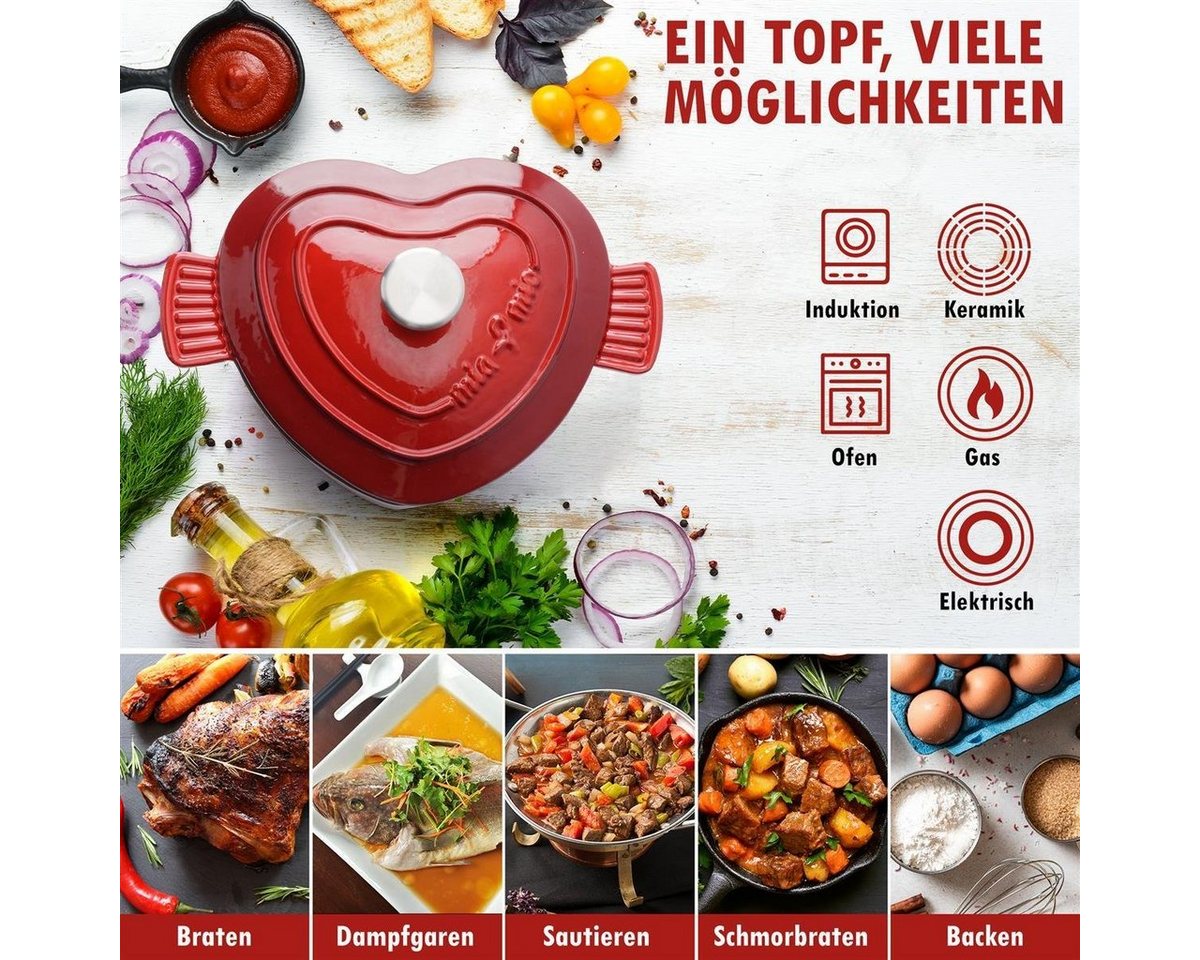 MiaMio Bratentopf Herzform, 3 l, 24 cm, Rot, Gusseisen, Herzform, 3 l, 24 cm, induktionsgeeignet – Bild 5 von 5