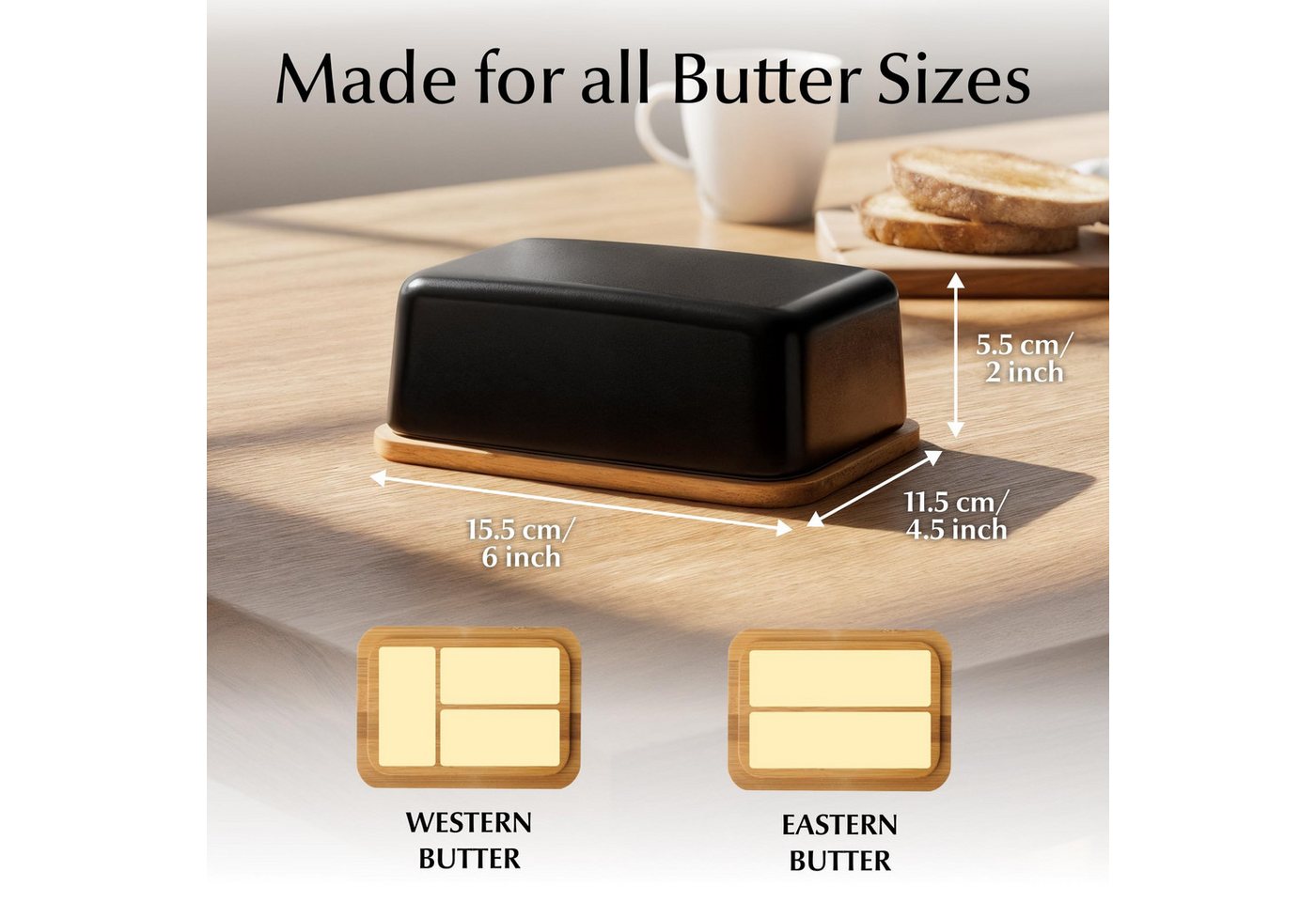 MiaMio Butterdose mit Bambusdeckel, 620 ml, Schwarz, Keramik, (Set, 2-tlg., 2-teilig: Keramikdose und Bambusdeckel), Bambusdeckel, 620 ml – Bild 2 von 5