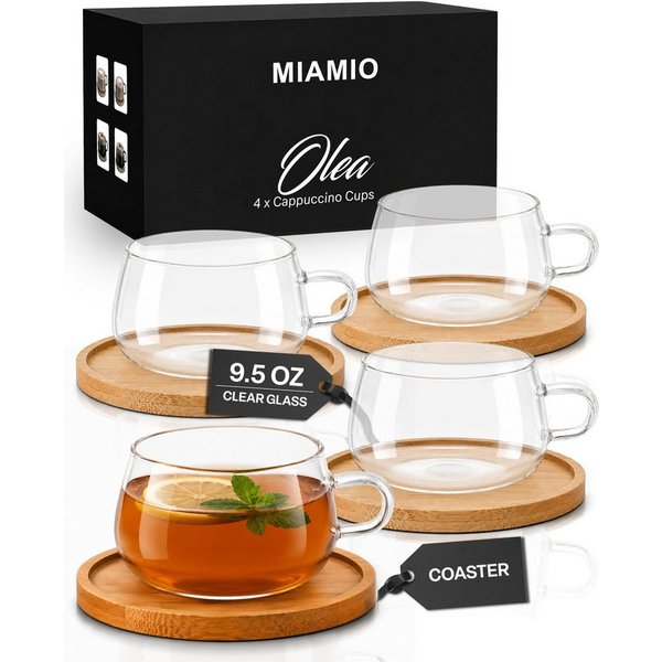 MiaMio Cappuccinotasse Olea, 280 ml, 4-tlg., Glas, mit Bambus-Untersetzer