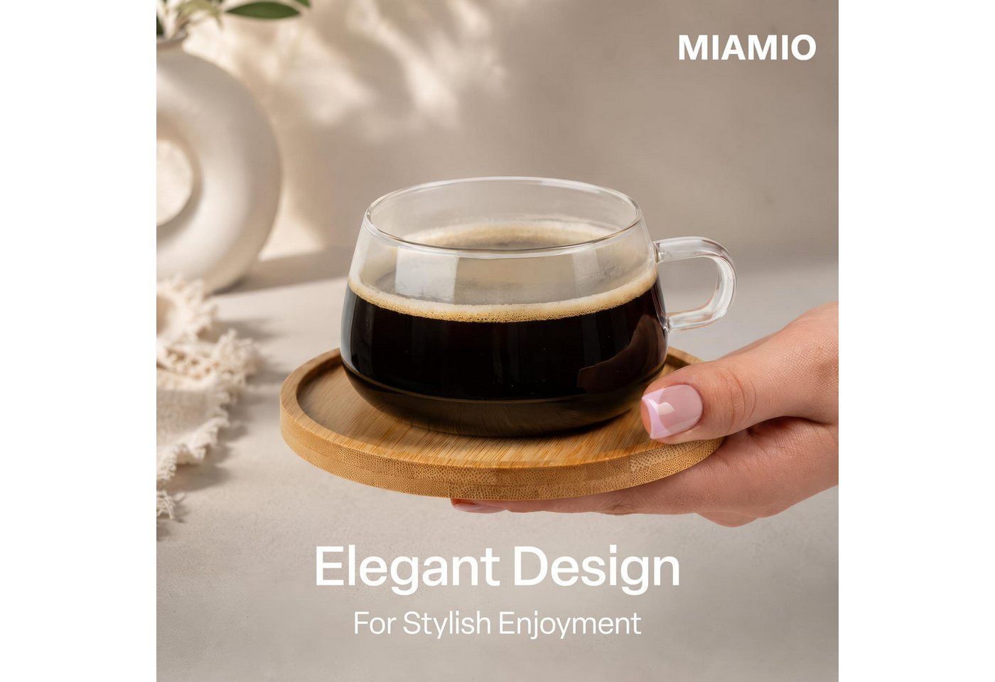 MiaMio Cappuccinotasse Olea, 280 ml, 4-tlg., Glas, mit Bambus-Untersetzer – Bild 2 von 5