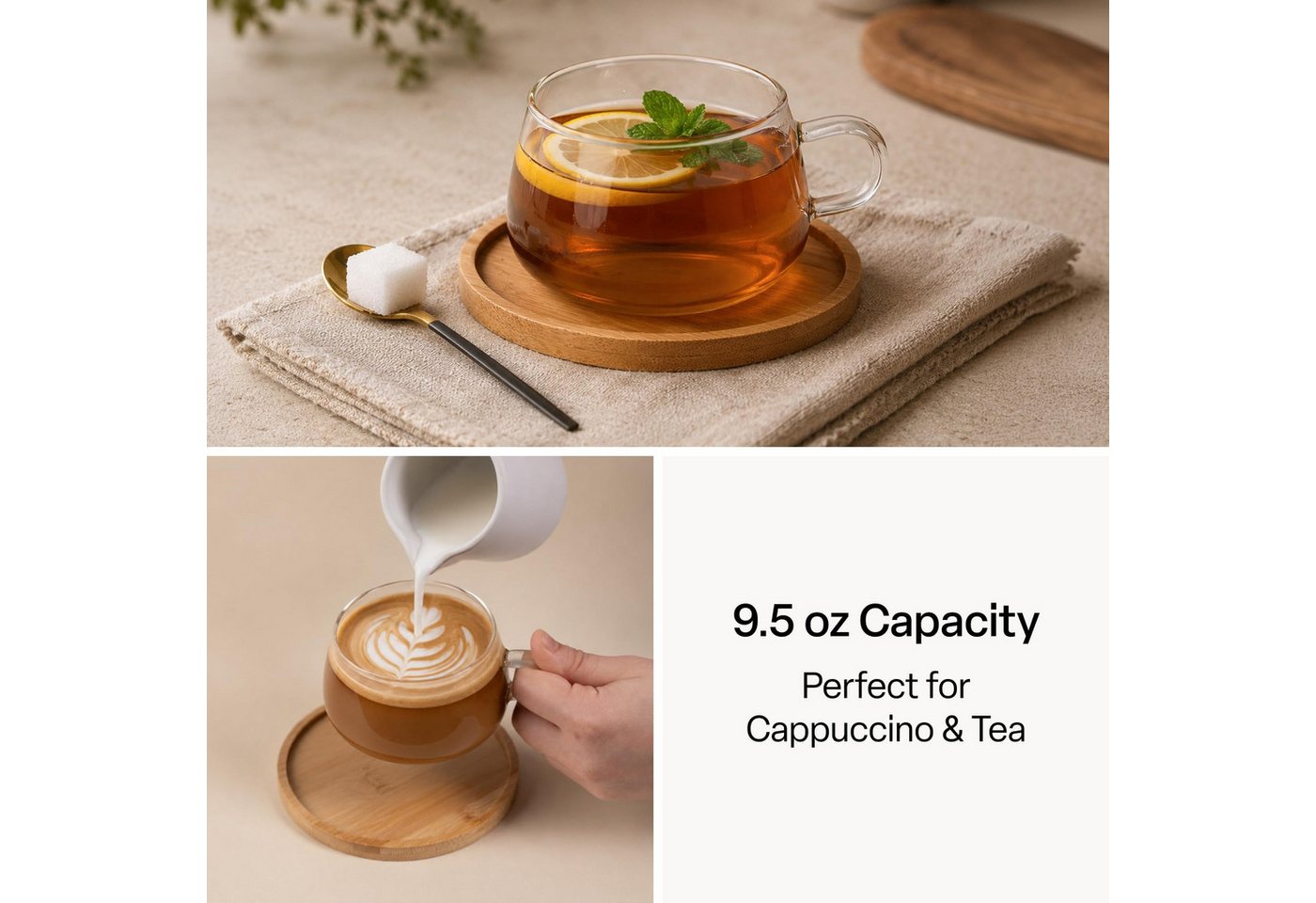 MiaMio Cappuccinotasse Olea, 280 ml, 4-tlg., Glas, mit Bambus-Untersetzer – Bild 5 von 5