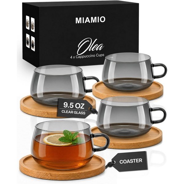 MiaMio Cappuccinotasse Olea, 280 ml, 4-tlg., Glas, mit Bambus-Untersetzer