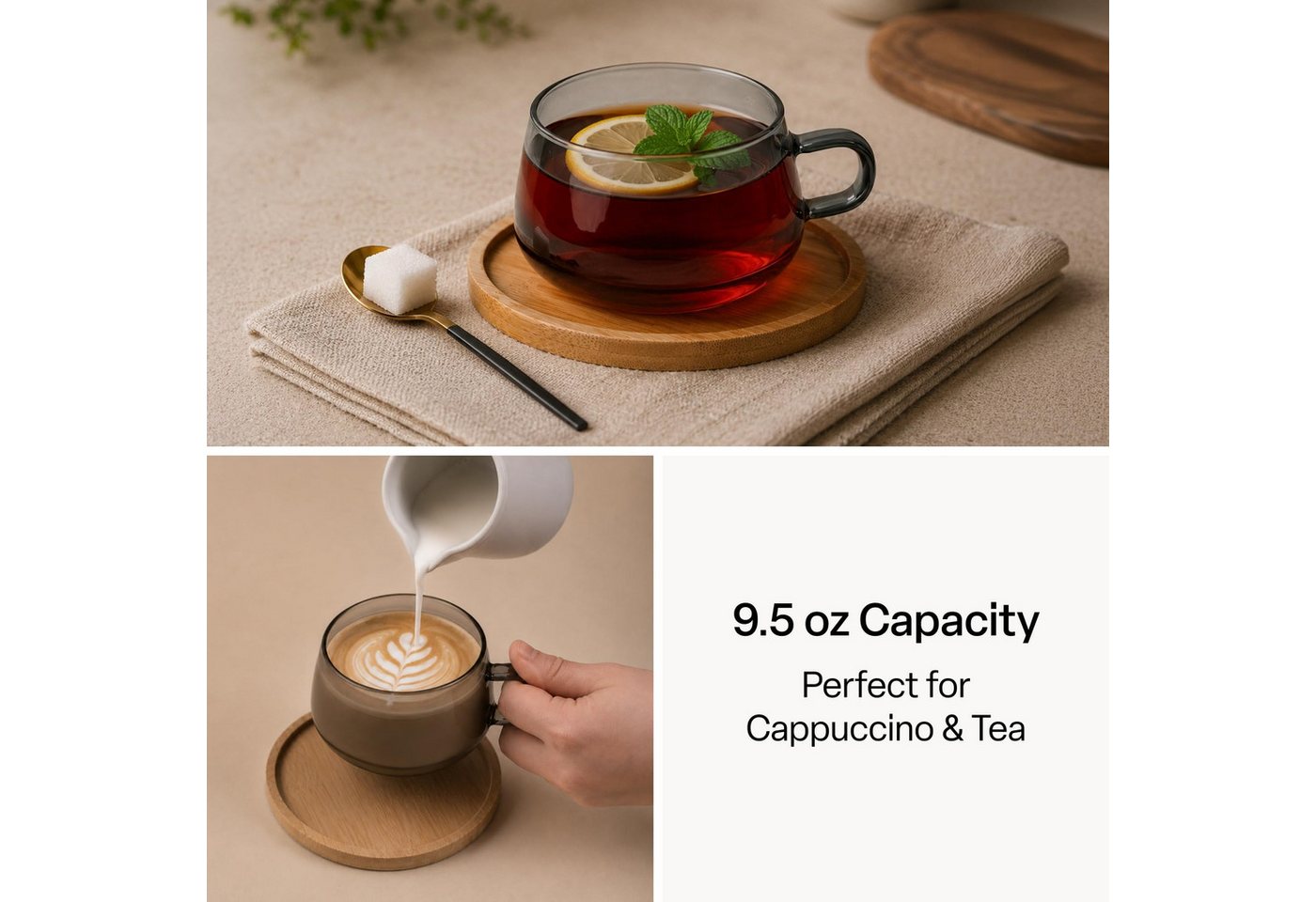 MiaMio Cappuccinotasse Olea, 280 ml, 4-tlg., Glas, mit Bambus-Untersetzer – Bild 5 von 5