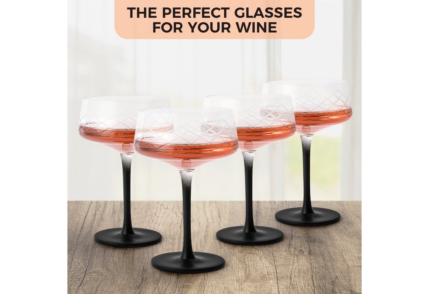 MiaMio Cocktailglas Crystaluna Coupe, 280 ml, schwarzer Stiel, 4-tlg., Glas, mit Barlöffel – Bild 2 von 5