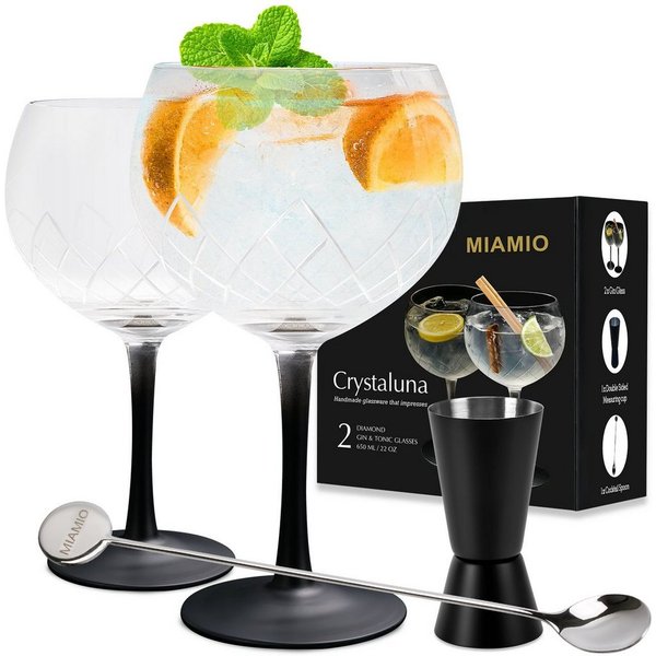 MiaMio Cocktailglas Crystaluna Gin Tonic, 650 ml, schwarzer Stiel, 2-tlg., Glas