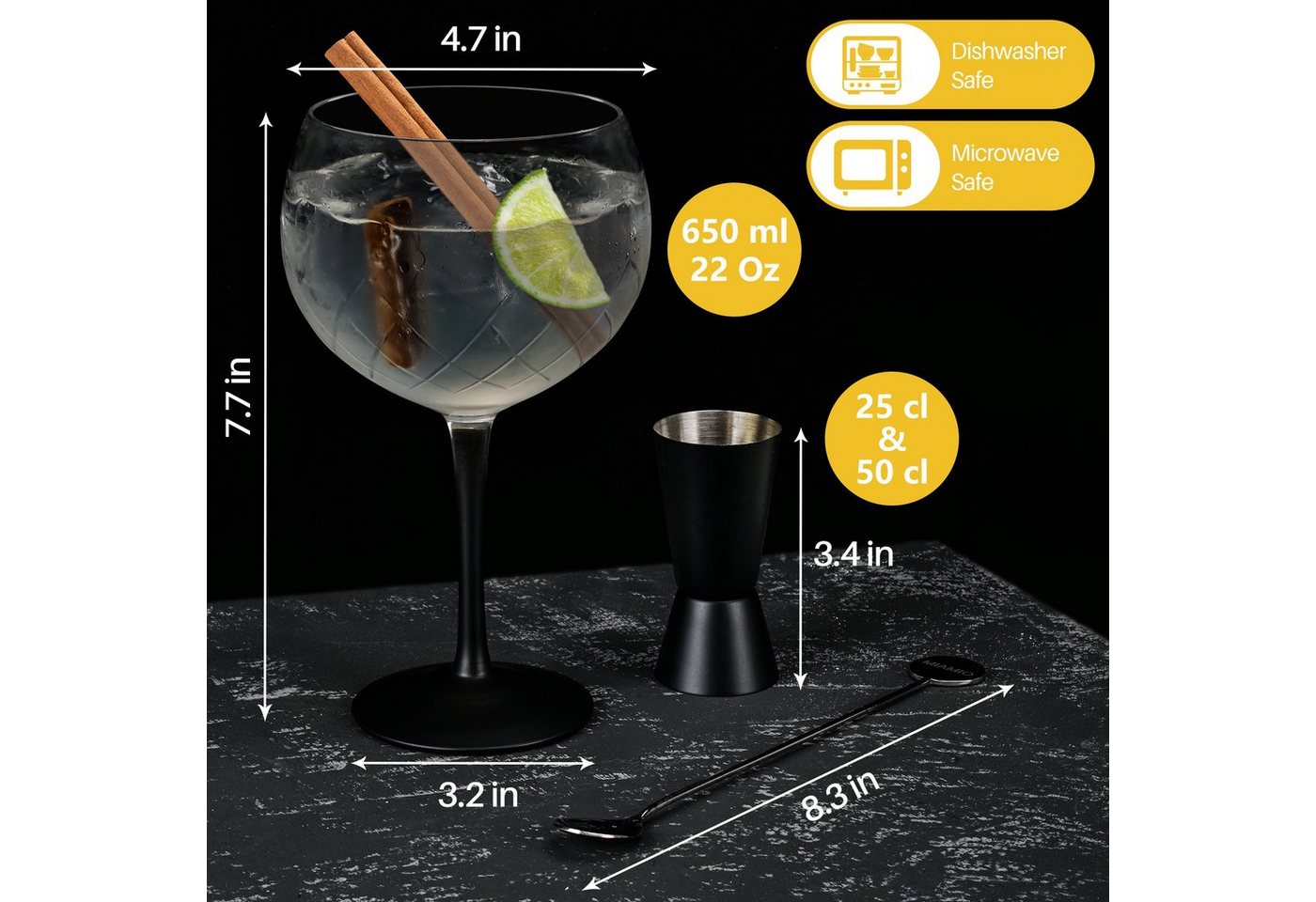 MiaMio Cocktailglas Crystaluna Gin Tonic, 650 ml, schwarzer Stiel, 2-tlg., Glas – Bild 2 von 5