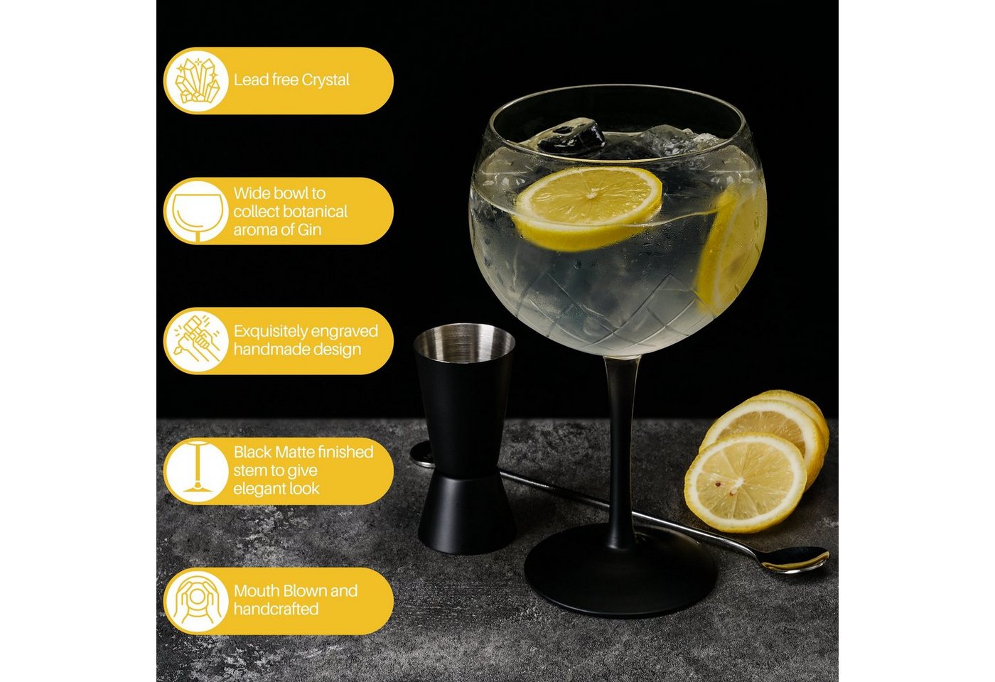 MiaMio Cocktailglas Crystaluna Gin Tonic, 650 ml, schwarzer Stiel, 2-tlg., Glas – Bild 3 von 5