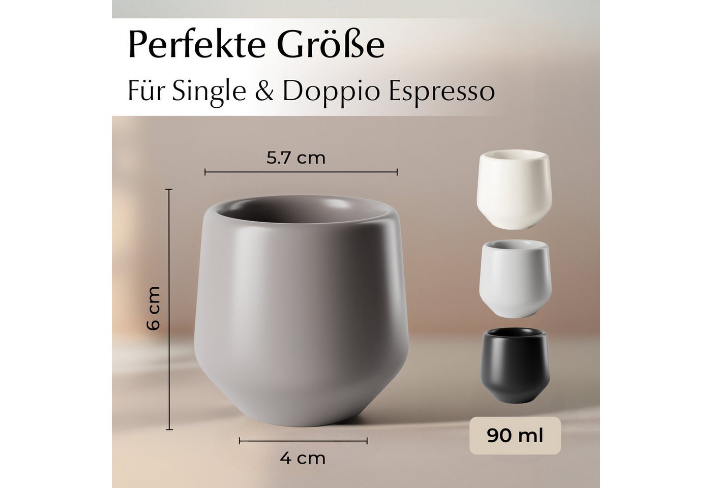 MiaMio Espressotasse Luxe ohne Henkel, 90 ml, Classic Pastel Grau, 4-tlg., Keramik, Ristretto & Doppio, dickwandig, modern – Bild 3 von 5