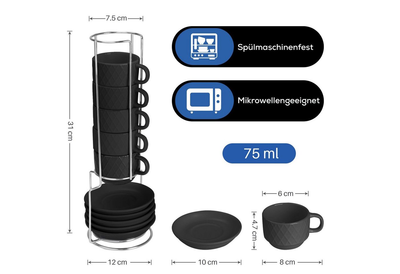 MiaMio Espressotasse Palmanova Schwarz, 75 ml, 6-tlg., Keramik – Bild 4 von 5
