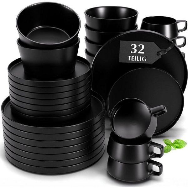 MiaMio Geschirr-Set Luxe Schwarz (32-tlg), 8 Personen, Ceramic New Bone China