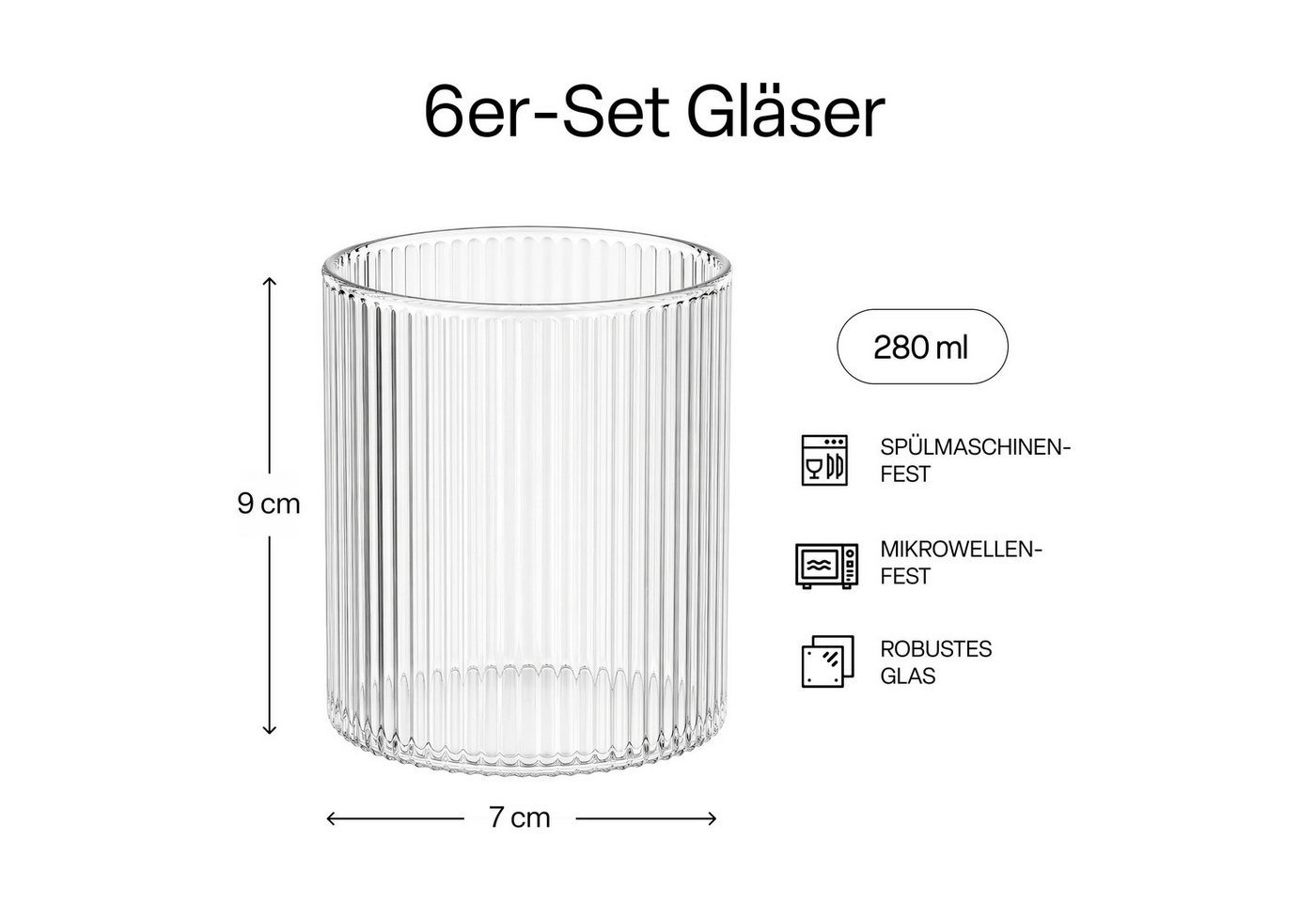 MiaMio Gläser-Set Senita, 280 ml, Riffeloptik, 6-tlg., Borosilikatglas, Spülmaschinengeeignet – Bild 3 von 5