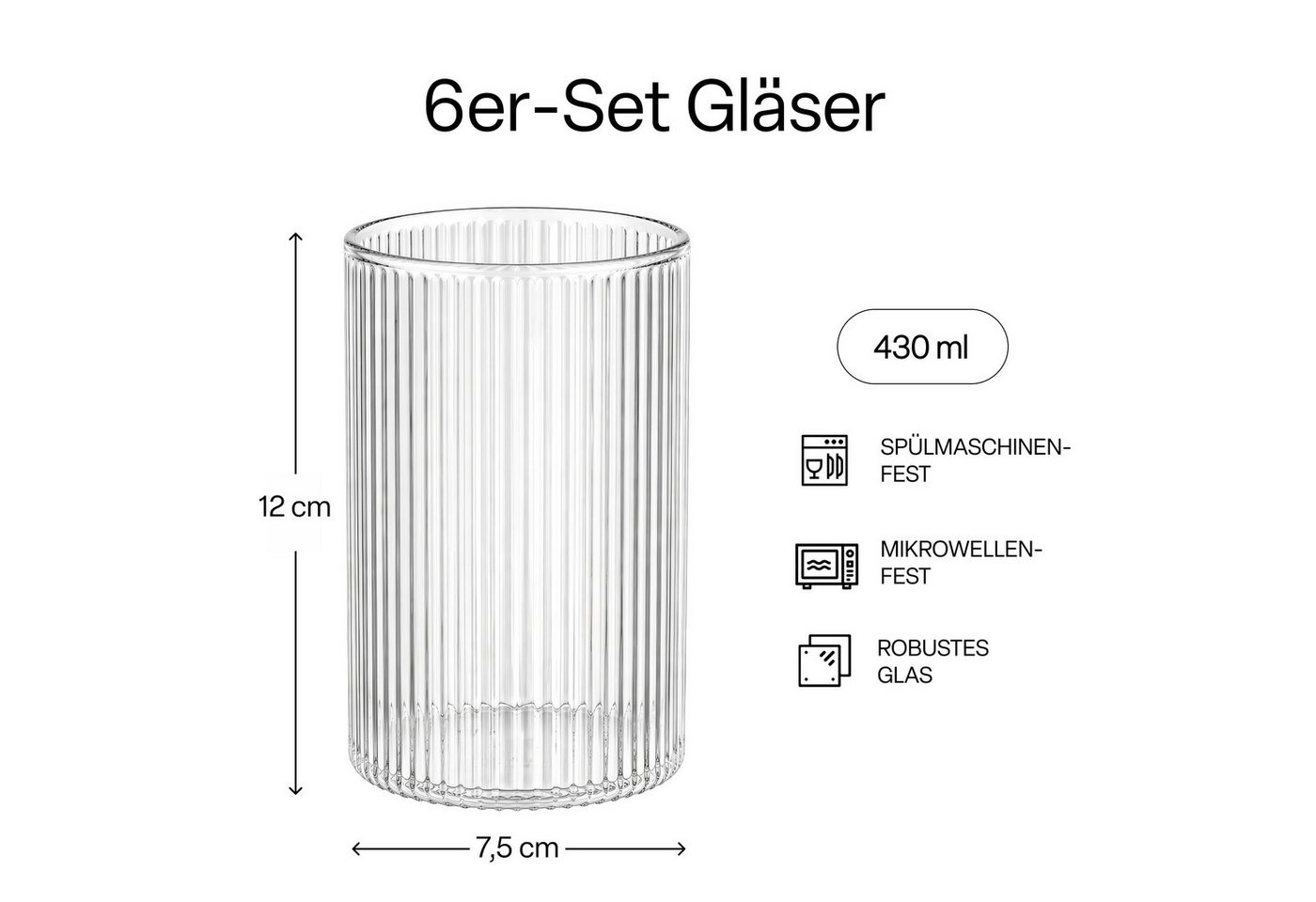 MiaMio Gläser-Set Senita, 430 ml, Riffeloptik, 6-tlg., Borosilikatglas, Spülmaschinengeeignet – Bild 3 von 5