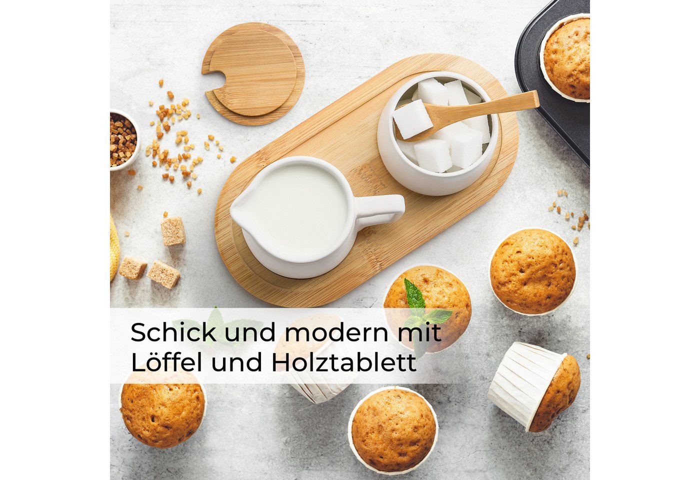 MiaMio Milch- und Zuckerset mit Bambustablett, Deckel und Löffel, Weiß (5-tlg), Keramik, Zuckerdose 200 ml, Milchkännchen 240 ml, mit Bambustablett – Bild 2 von 5
