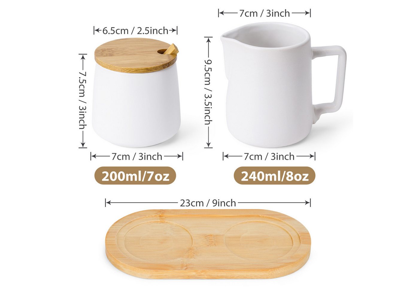 MiaMio Milch- und Zuckerset mit Bambustablett, Deckel und Löffel, Weiß (5-tlg), Keramik, Zuckerdose 200 ml, Milchkännchen 240 ml, mit Bambustablett – Bild 3 von 5