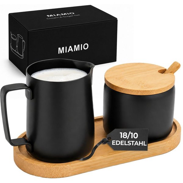 MiaMio Milch- und Zuckerset mit Serviertablett, mattschwarz (5-tlg), Edelstahl, Sahnekännchen 330 ml und Zuckerdose 270 ml