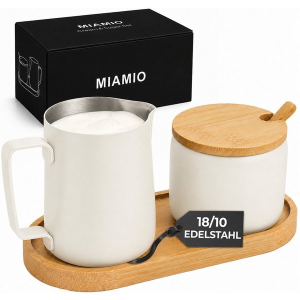 MiaMio Milch- und Zuckerset mit Serviertablett, mattweiß (5-tlg), Edelstahl, Sahnekännchen 330 ml und Zuckerdose 270 ml